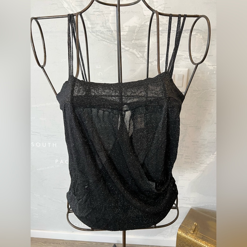 New La Rok sheer knit metallic cami keyhole in back draped in front L